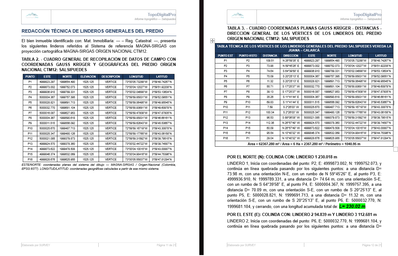 Informe de descripción técnica de linderos generado por TopoDigitalPro: tabla de coordenadas y redacción de linderos