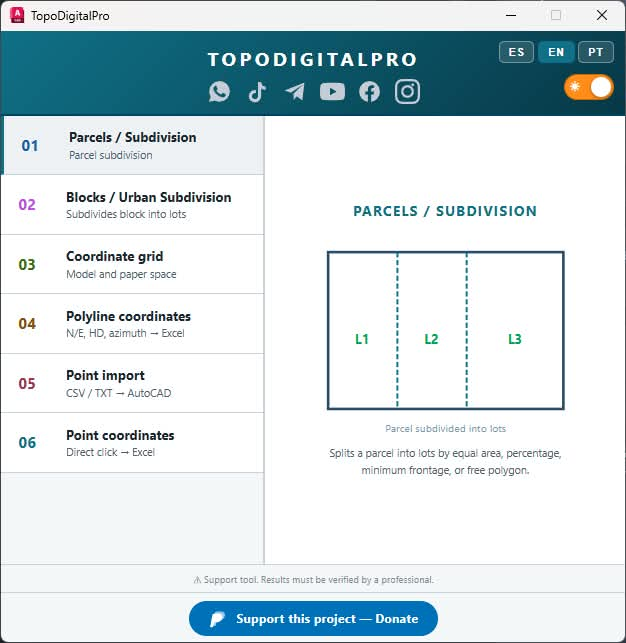 Menú principal de TopoDigitalPro con módulos de topografía