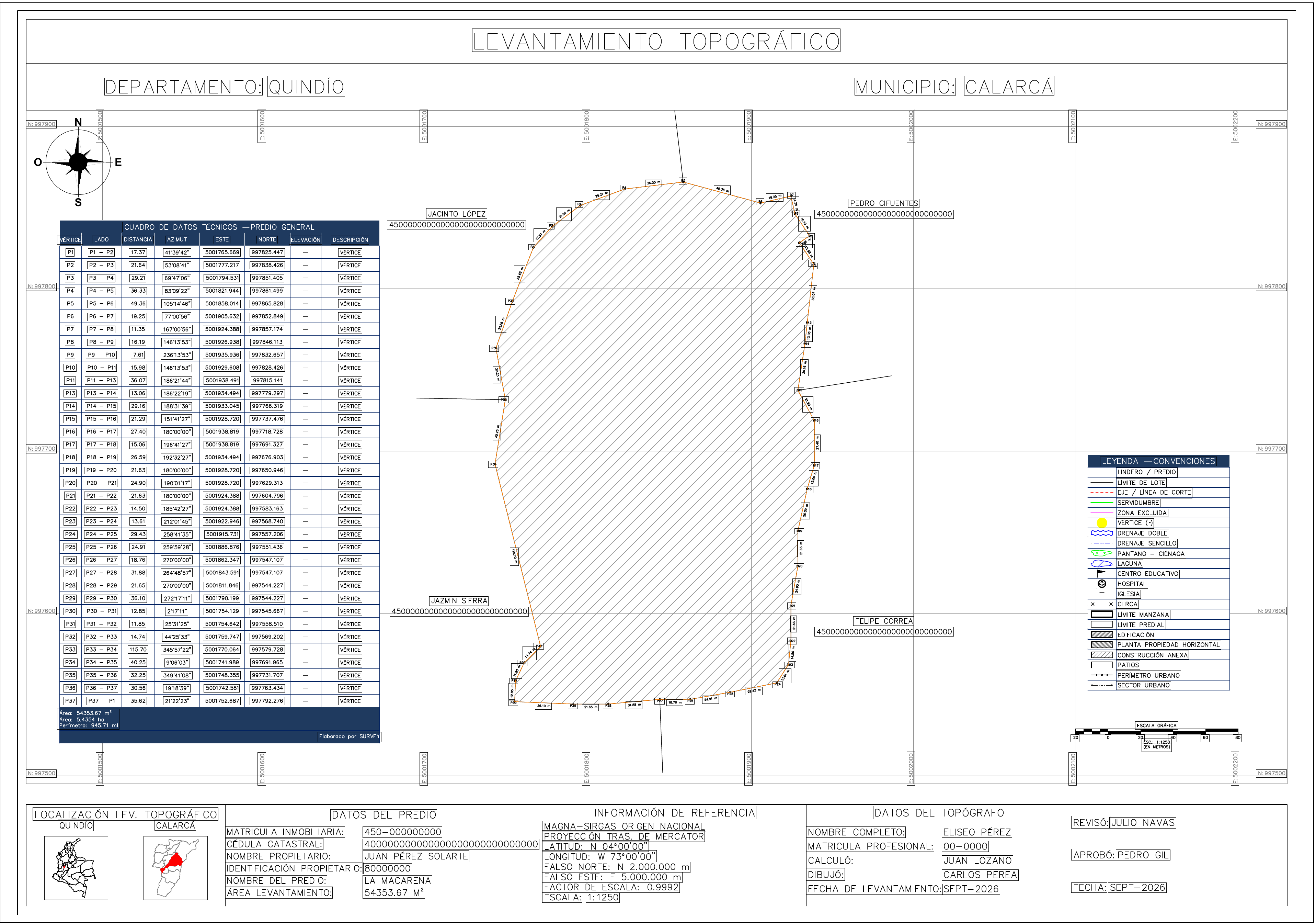 Plano topográfico de un predio con linderos y cuadro técnico